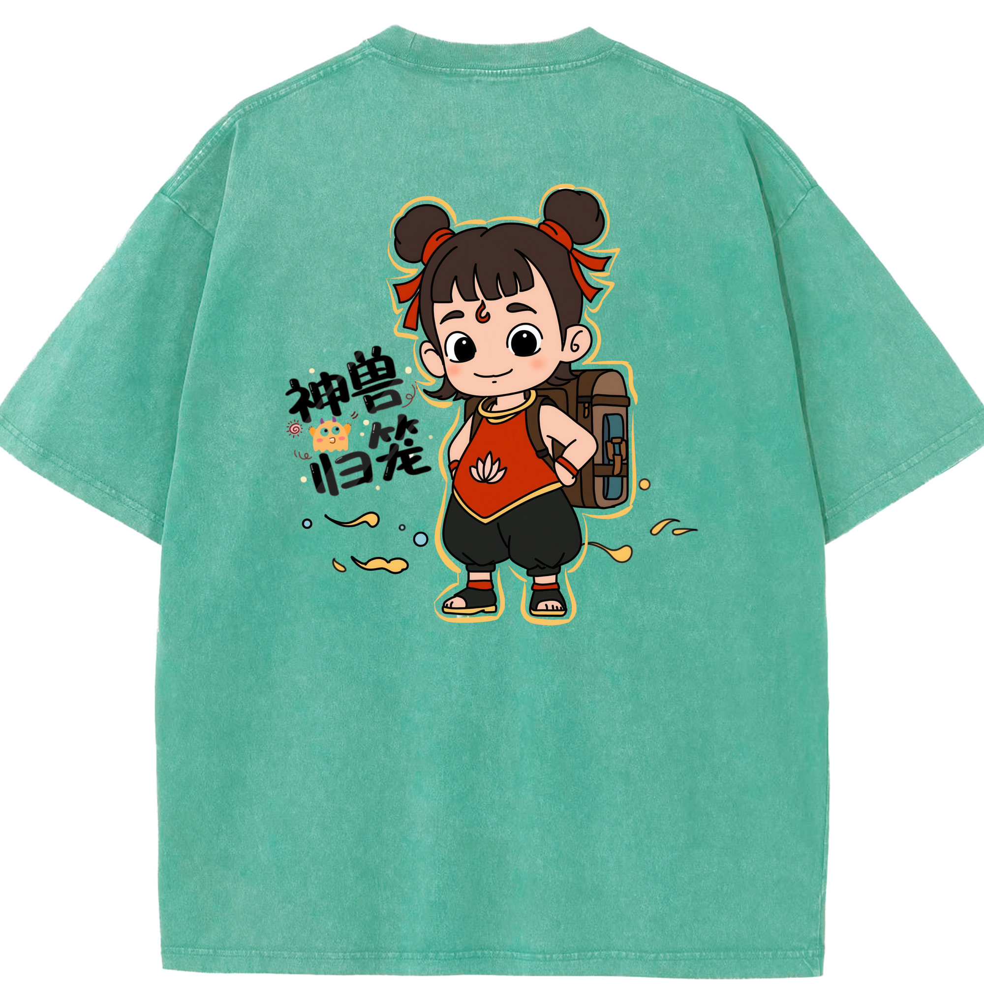 （画像用） Ne Zha 2 ナタ 魔童の大暴れ 綿100% ヴィンテージ風 半袖Tシャツ（背面プリント）